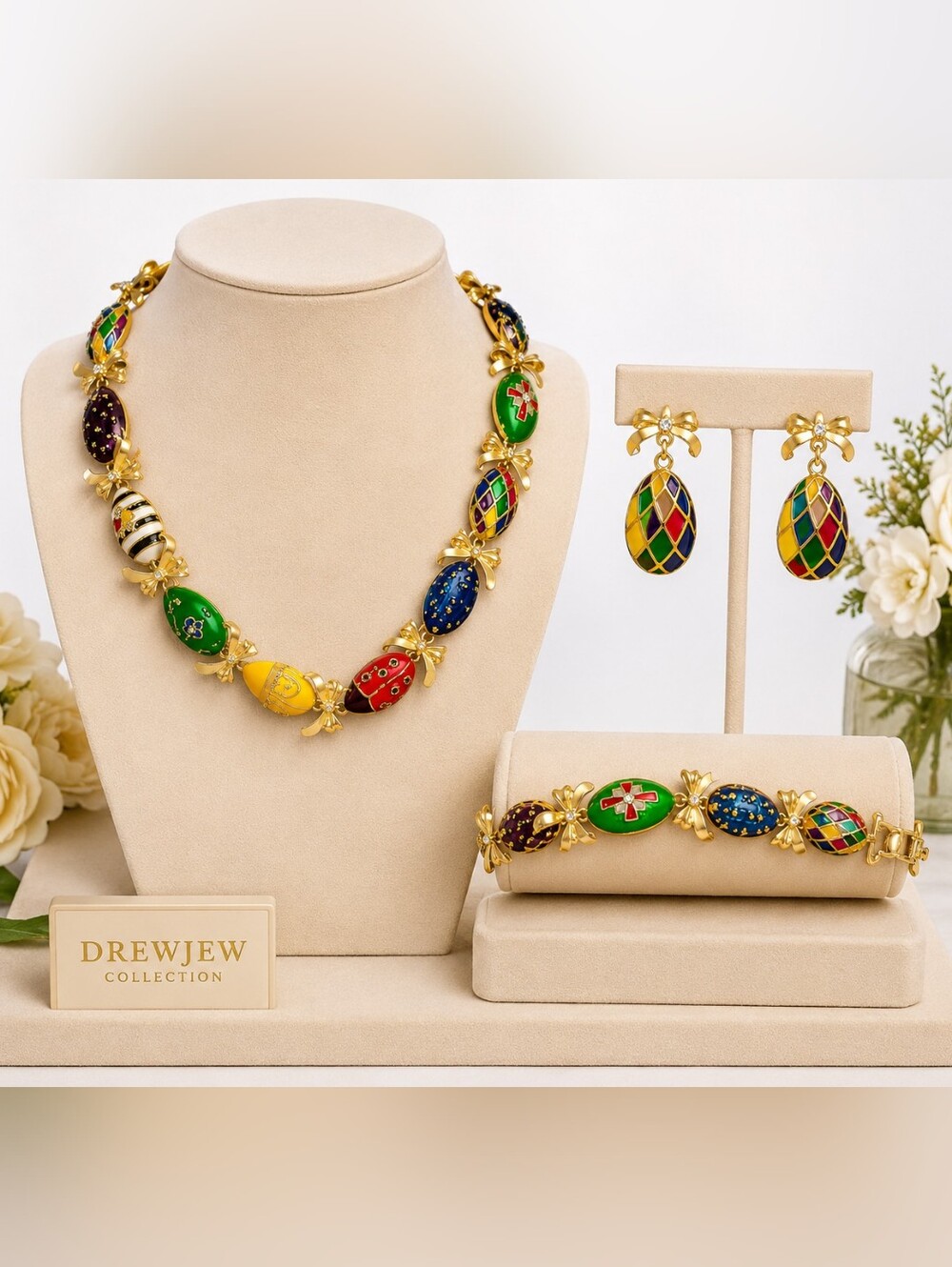 Drewjew Multicolor Enamel Egg & Bow Jewelry | Necklace, Bracelet & Earrings